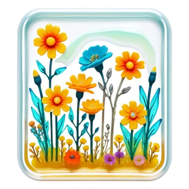 Epoxy resin art icon, jewelry and decorative items made with fluorescent epoxy resin, glowing effect on the resin, finished resin jewelry with dried flowers embedded inside, visible tubes of resin with bright colors, mixing tools, and molds, minimalistic style, clean lines, transparent background sticker