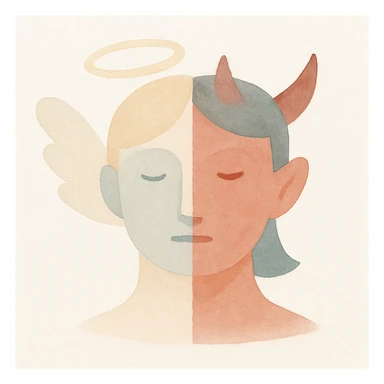 half animated face of an angel and half animated face of a devil, painterly style with soft colors sticker