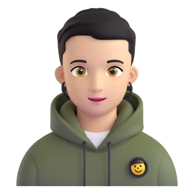 man with black military haircut, brown eyes, wearing 2 circle earrings and a black hoodie with a smiley face sticker