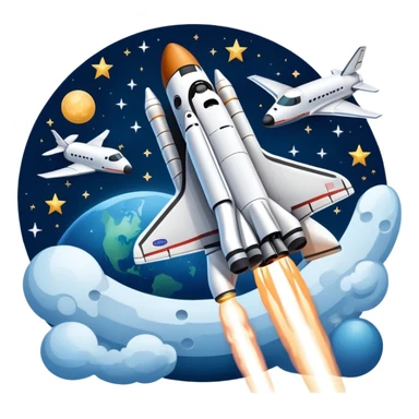 An icon featuring a space shuttle and an airplane against a starry sky, symbolizing aerospace technology. The design includes rocket boosters and satellite orbits, representing the exploration of space and advanced aviation. Transparent background sticker