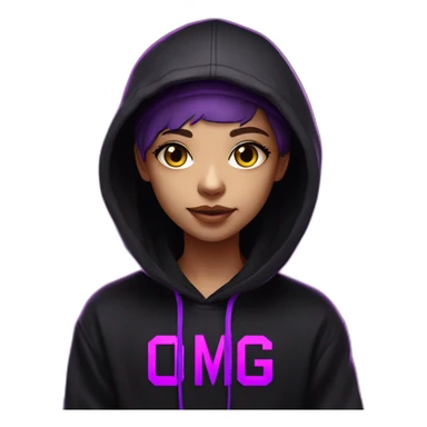 light-skin student in the black hoody with violet letters "OMG VR" on it wearing vr headset. Cyberpunk style. Violet neon. sticker