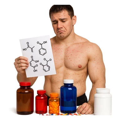 realistic inexperienced bodybuilder holding list of molecules, surrounded by colorful bottles and pills, regretful expression, skin marked by stretch marks and acne, white background, 4K quality sticker