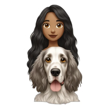 hyperrealist caucasian girl black long hair with brown english setter dog sticker
