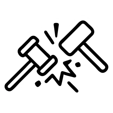 mallet and hammer clashing from a bird's-eye view, bold icon style, sparks and debris sticker