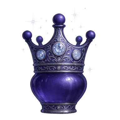 Transform this crown into an even more luxurious small elixir bottle: keep the crown shape and color #7986cb, make the bottom merge smoothly into a bottle/flask, add even richer silver and iridescent details, extra magical glowing and sparkling effects, very small neck, seamless bottom, floating in air, transparent background, no base or shadow, modern, luxury collection style. Style: modern luxury collection, transparent background, floating, intricate silver and iridescent details, magical glowing and sparkling effects. sticker