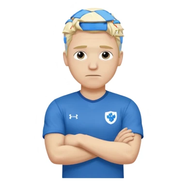 Pale blond man in blue football t shirt crossed arms trembling from cold sticker