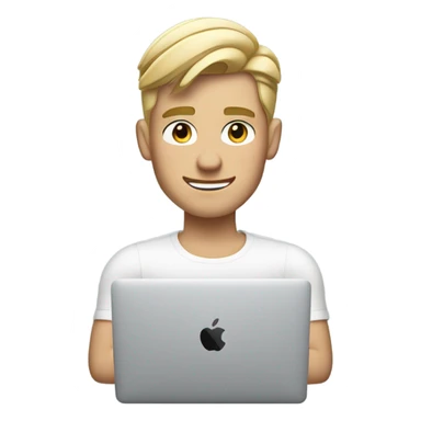 Emoji of a stylish blonde-haired man with a modern haircut, using a MacBook and wearing AirPods. Apple-style, clean design, confident expression. sticker