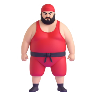 Extreme close-up of face of morbidly obese white skin guy with young face, prominent BLACK DURAG tied clearly on head, black beard but no mustache, clean shaven upper lip, black eyes in a red and black wrestling singlet with angry expression sticker