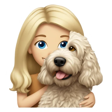 blonde girl with straight hair and blue eyes hugging an australian labradoodle sticker