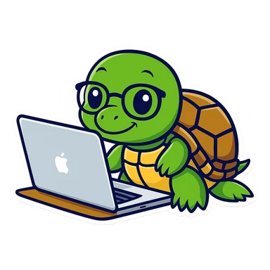 Add glasses to the cartoon turtle holding a MacBook. The original style is cartoon sticker style, so keep the same cartoon sticker look and feel with no background. sticker