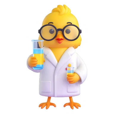 Add scientist glasses to the yellow chick in a white bathrobe holding laboratory glassware, 3D style, no background. sticker