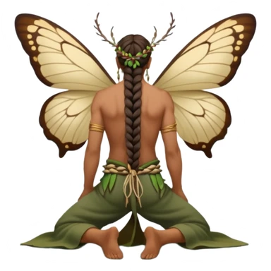 full body druid man, tan skin, long braid, from behind kneeling at lake edge, moths around shoulders sticker