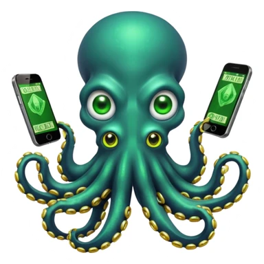 Intimidating octopus with pearl black skin, neon suction cups. Evil glaring eyes. Wearing a thick gold chain. 2 tentacles are holding their own cellphone, 2 more tentacles are holding stacks of money. sticker