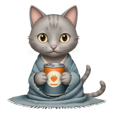A thin grey cat curled on an old blanket, holding a tiny tin cup with its paws while looking shy but sweet.
 sticker