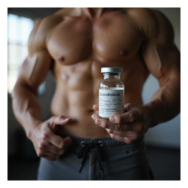 realistic photo of a crossfit athlete holding a vial labeled 'Oxandrolone', prominent muscles, natural light, gym background sticker