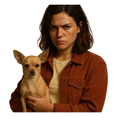 Netflix series style portrait of a woman with tanned skin, freckles, pale yellow shirt (#FFF8CA), rust-colored jacket, medium-length brown hair with auburn highlights, rebellious expression, holding a beige-brown chihuahua, transparent background sticker