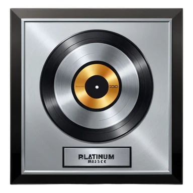 A platinum music award plaque: a square, polished platinum plate with a subtly textured, mirror-like finish, mounted on a simple dark metal base. The center features a relief of a or stylized vinyl record in a slightly darker metallic tone.  sticker