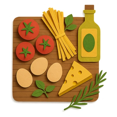 A realistic top-down view of a wooden kitchen table with various common ingredients neatly arranged (like tomatoes, pasta, eggs, cheese, herbs, olive oil). The background should be dark and soft to match a modern app interface. Lighting should highlight the ingredients naturally, with soft shadows. No text, no hands, minimalistic but warm and homely, like a mobile UI background for a cooking app. sticker