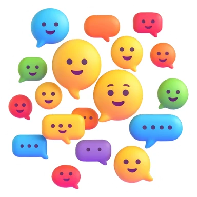 online forum with floating chat bubbles and smiling faces in 3D emoji style sticker