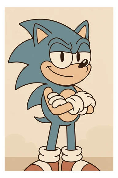 Sonic the Hedgehog, standing with arms crossed, confident smile, blue fur, white gloves sticker