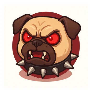 angry pug emoji with bright red eyes, furious expression, sharp fangs, black collar with large metal spikes, intimidating but funny appearance, cartoonish 2D style, simple or dark red circular background, ideal for a rebellious or tough emoji sticker