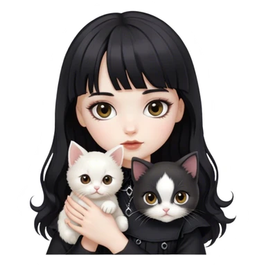 a pale white doll girl with medium wavy black hair and bangs with brown eyes wearing black gothic clothes with a white kitten  sticker