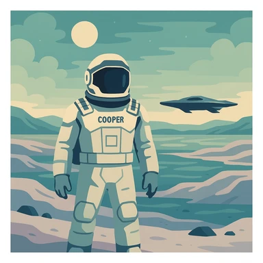 flat toon style Cooper standing on an alien planet with a distant spaceship, inspired by Interstellar sticker