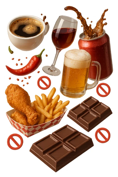 caffeina, alcolici, cibi piccanti, fritti, cioccolato e bevande gassate cadono dall'alto con piccoli divieti in 3d, iperrealistico 4k sticker