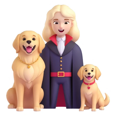 serious vampire with pale skin and fangs on the left, next to joyful golden retriever on the right, both in one emoji sticker