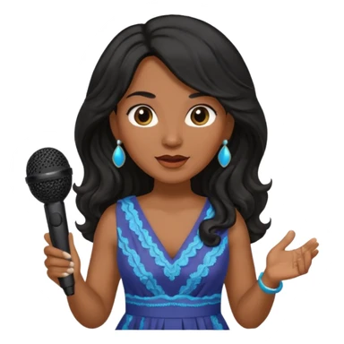 Middle age, long wavy black hair, brown skin, wearing dress, holding mic sticker