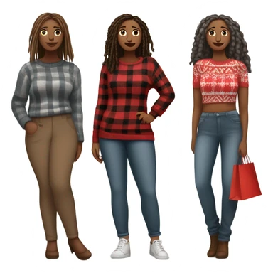 Curvy woman gray locs in pants shopping.  Another curvy woman is brown with red locs in a skirt with plaid sweater shopping sticker