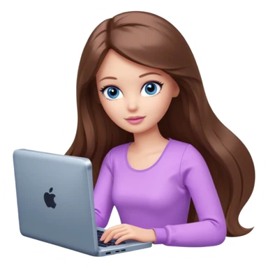 beautiful barbie girl with long brown hair, blue eyes and wearing light purple clothes playing computer games sticker