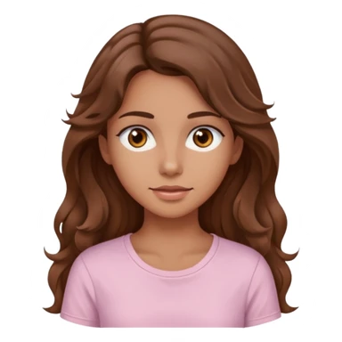 A pretty girl with tan skin and long brown wavy hair, wearing a very light pink basic shirt with brown eyes sticker