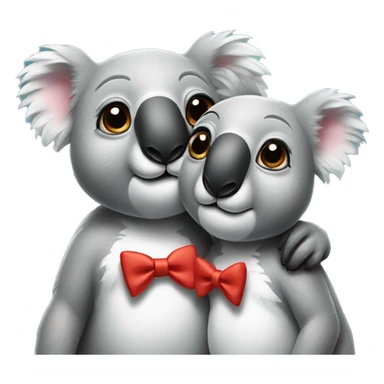 Two koalas cuddling, one with a bow on its head and the other with a bow tie sticker