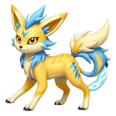 Feral Lightning-patterned Zig-zagged buzzy fuzzy Meloetta-Renamon-Zeraora-Luxray-Cobalion-Suicune-Vernid-fusion-hybrid-creature, full body  sticker
