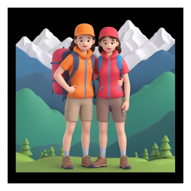 back packer couple posing, mountains in background,   close up pose sticker