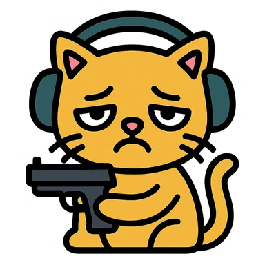 tired sad cat holding a gun, wearing headphones, colored icon sticker