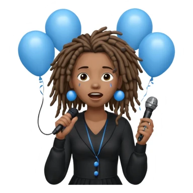 Black girl Stud with dreadlocks singing dressed in black crying 1,2,3 release em with white and blue balloons flying overhead emoji like with mic in hand  sticker