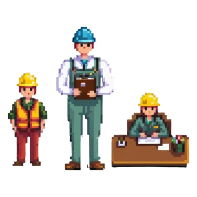 Boss employer with clipboard supervising workers sticker