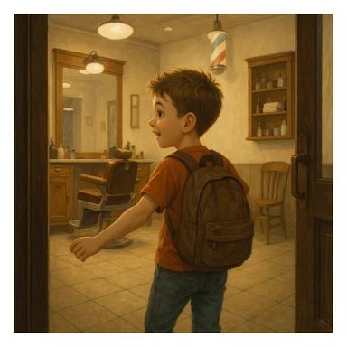 Sartaroshxonaga kirib kelayotgan bola sartaroshxona unchalik eski emas ammo yangi ham emsa sticker