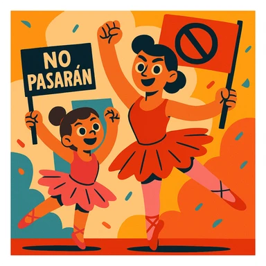 A mother and daughter in ballet costumes, dancing with raised fists and anti-fascist banners, showing unity and resistance sticker