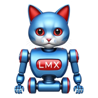 generate robot cat, glossy, realstic, red and blue color, add text on chest "LMX" sticker