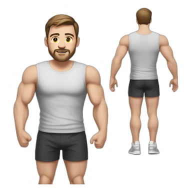 Full height realistic Actively gesturing with hands Pale skinned Fit Man With the biceps and brown hair in dark gray Sleeveless Mike, black oversize sports shorts, watch and white Sneakers sticker
