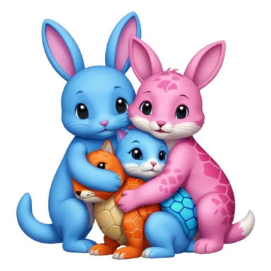 a blue bunny, a pink cat, a turtle and a fox, hugging sticker