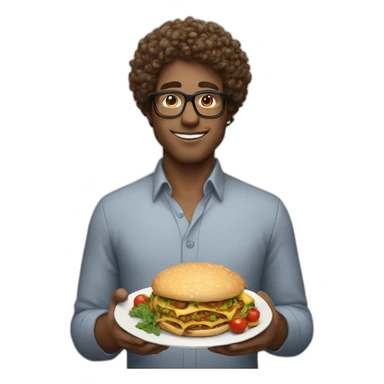 white guy with curly hair wearing glasses with a meal in hands sticker
