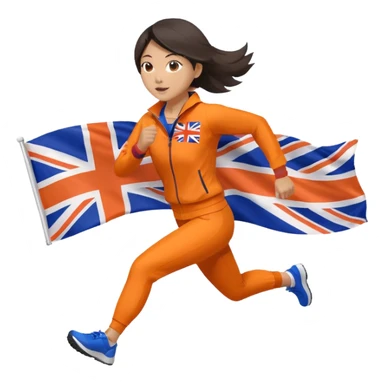 asian woman in orange sport suit and uk flag on the back holding it, running sticker