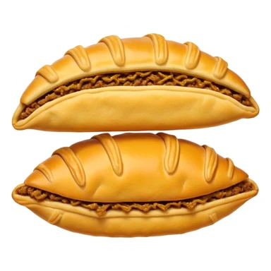 Jamaican patty, golden flaky pastry with crimped edge, slightly open to reveal spicy beef filling, emoji style sticker