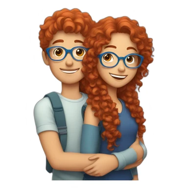 girl with curly red hair and blue glasses hugging a boy with brown hair sticker