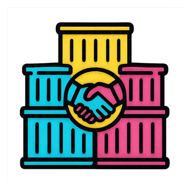 A fun and energetic icon of a stack of shipping containers with a partnership symbol sticker