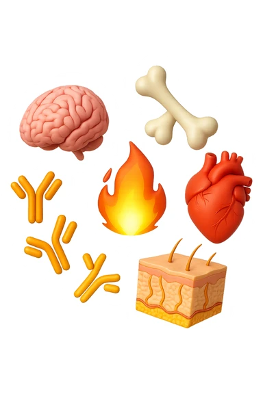 EMOJI STILE IPHONE 3D DI cervello, ossa, cuore, porzione di epidermide e cellule di anticorpi che girano in tondo, al centro di questi elementi c'è una fiamma 3d  FALLO MOLTO REALISTICO IN 3D sticker